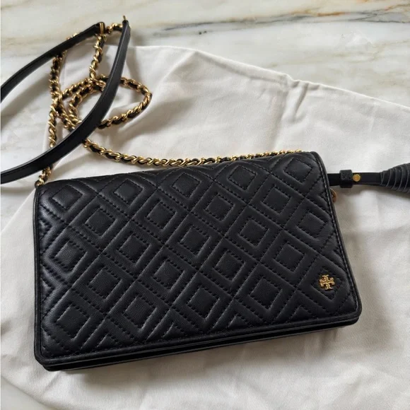 TORY BURCH Fleming Wallet Cross-Body Clutch Black Leather with Gold Hardware - Picture 7 of 8
